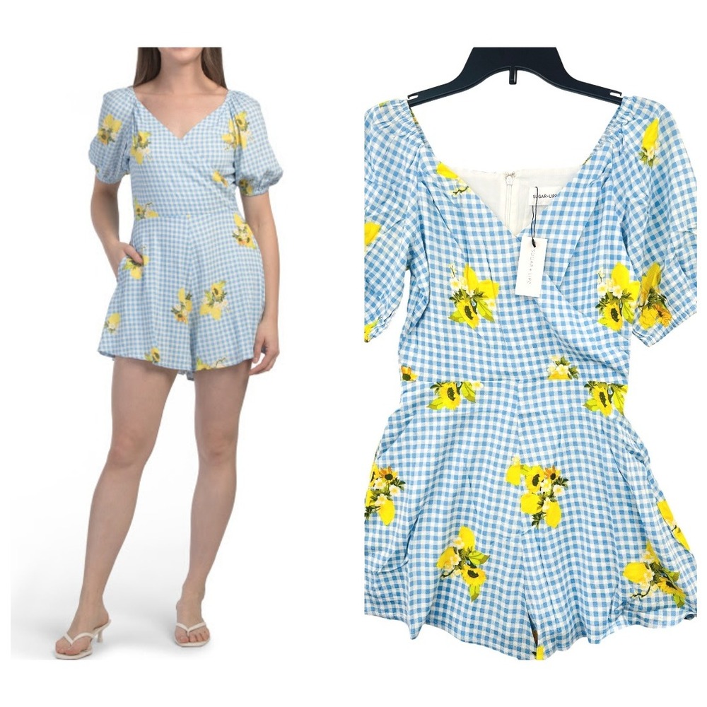Sugar Lips Citrus Lemon‎ Picnic Gingham Everheart Romper Size XS Pockets NWT